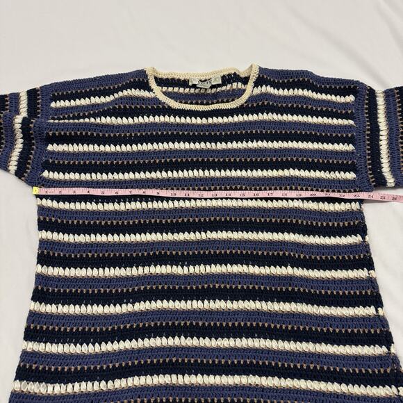 Vintage Segue Womens Sweater Tunic Long Striped Crochet Fisherman Ribbon Blue - Picture 6 of 10